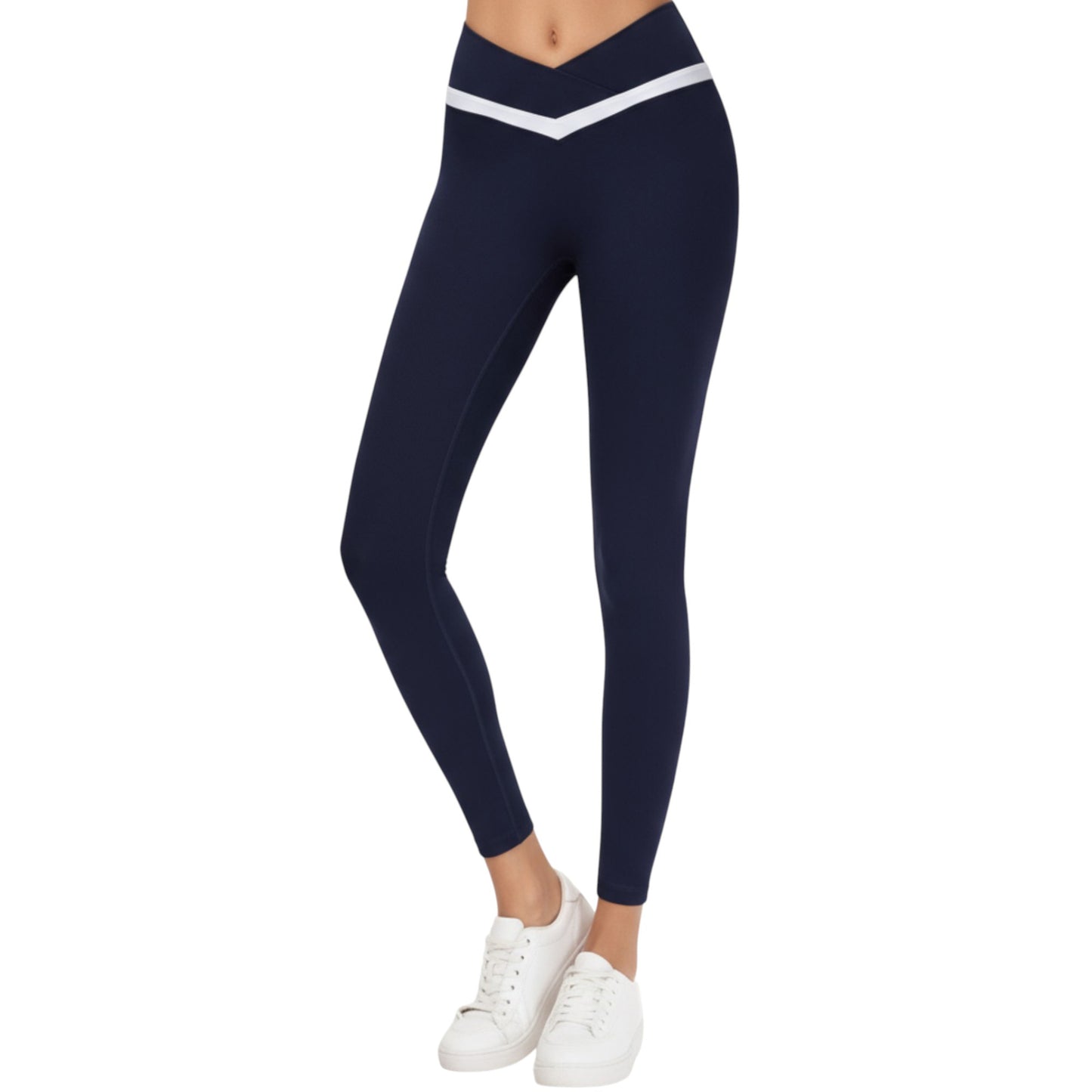 Crossover Waist Colorblock Full Length Leggings with Stretch Fit Fabric and Contoured Silhouette