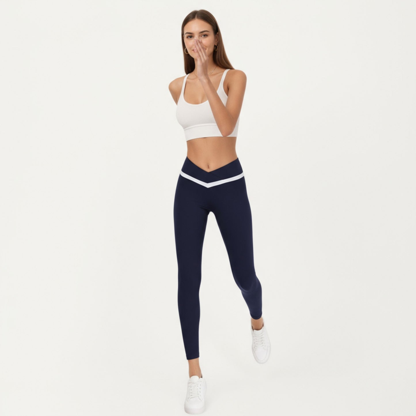 Crossover Waist Colorblock Full Length Leggings with Stretch Fit Fabric and Contoured Silhouette
