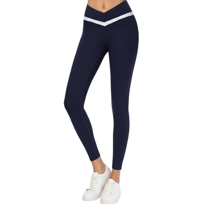 Crossover Waist Colorblock Full Length Leggings with Stretch Fit Fabric and Contoured Silhouette