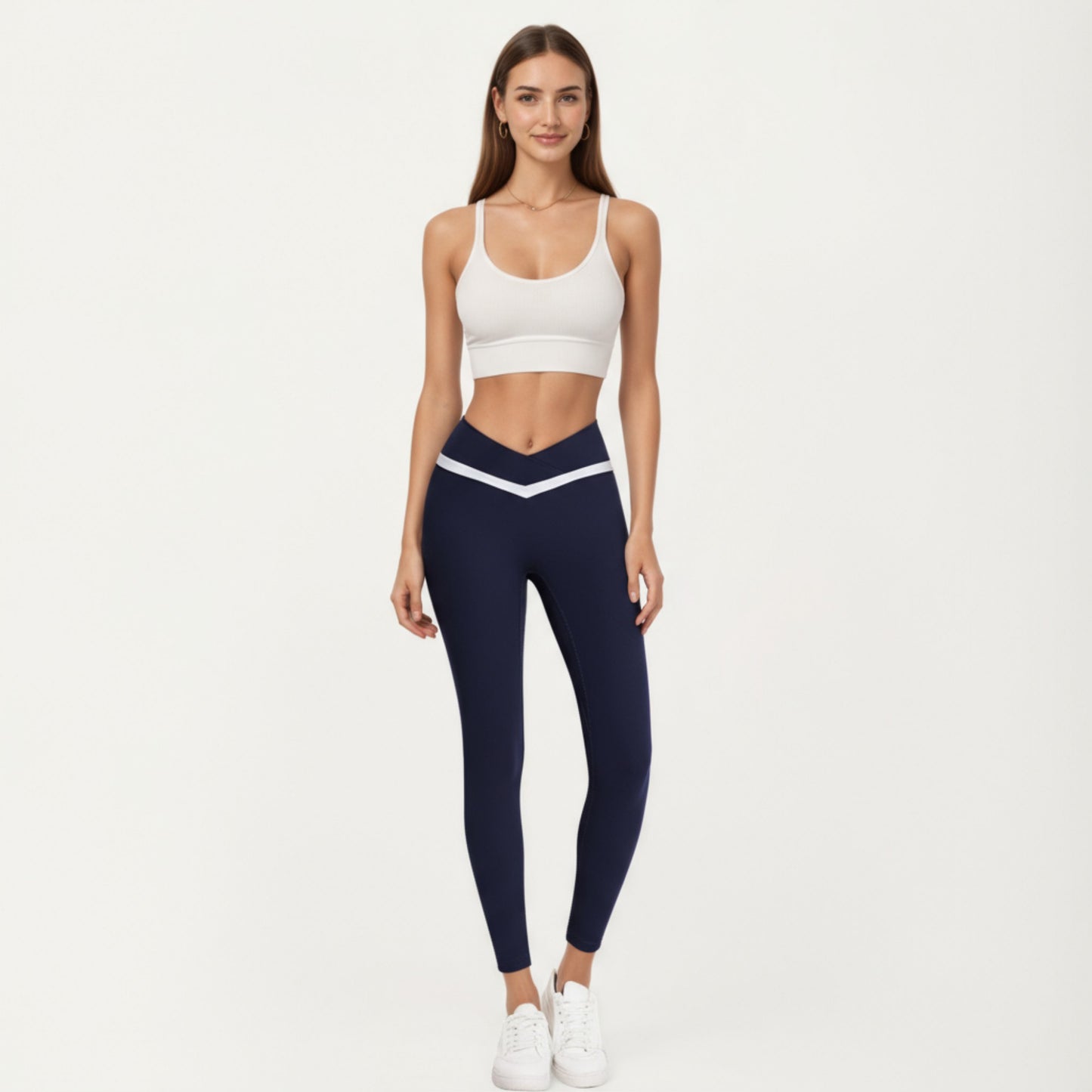Crossover Waist Colorblock Full Length Leggings with Stretch Fit Fabric and Contoured Silhouette