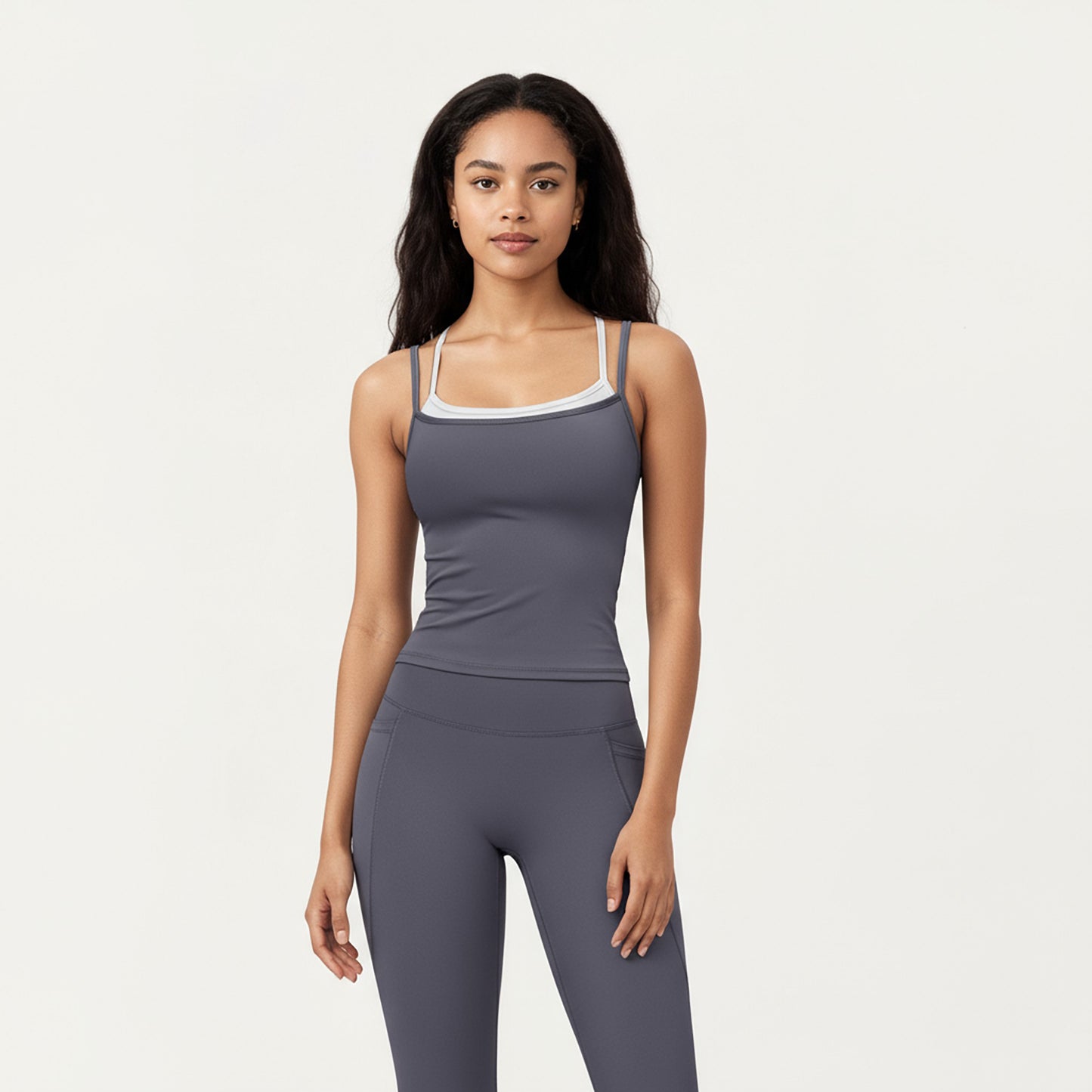 Double Strap Fitted Active Tank Top with Built-In Shelf Bra