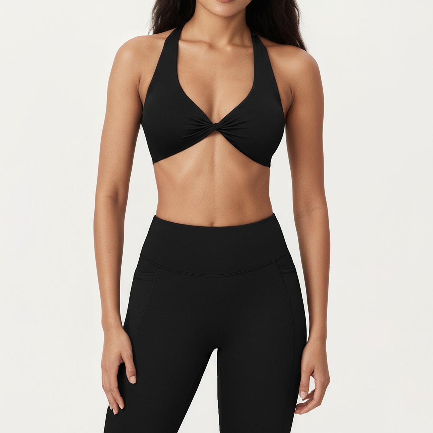 Twist Front Halter Sports Bra Top with Supportive Wide Straps