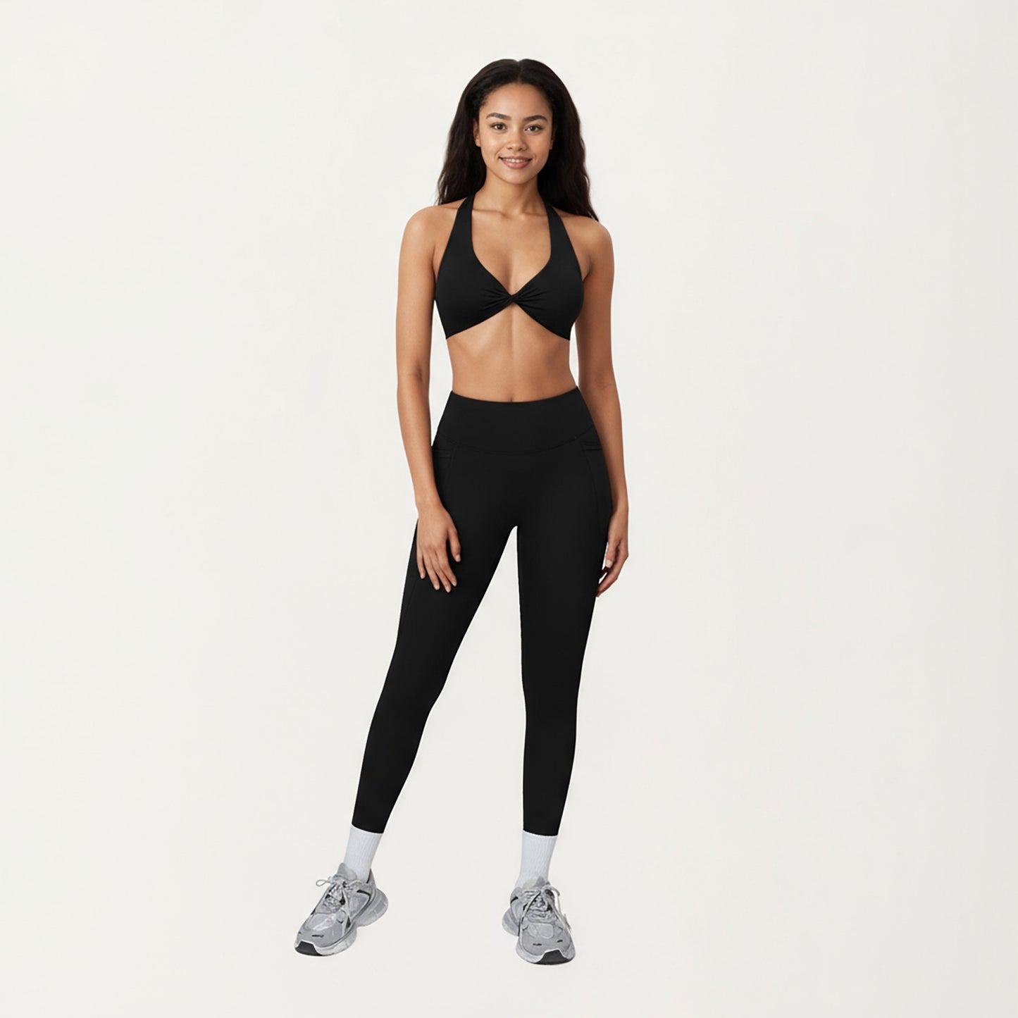 Twist Front Halter Sports Bra Top with Supportive Wide Straps