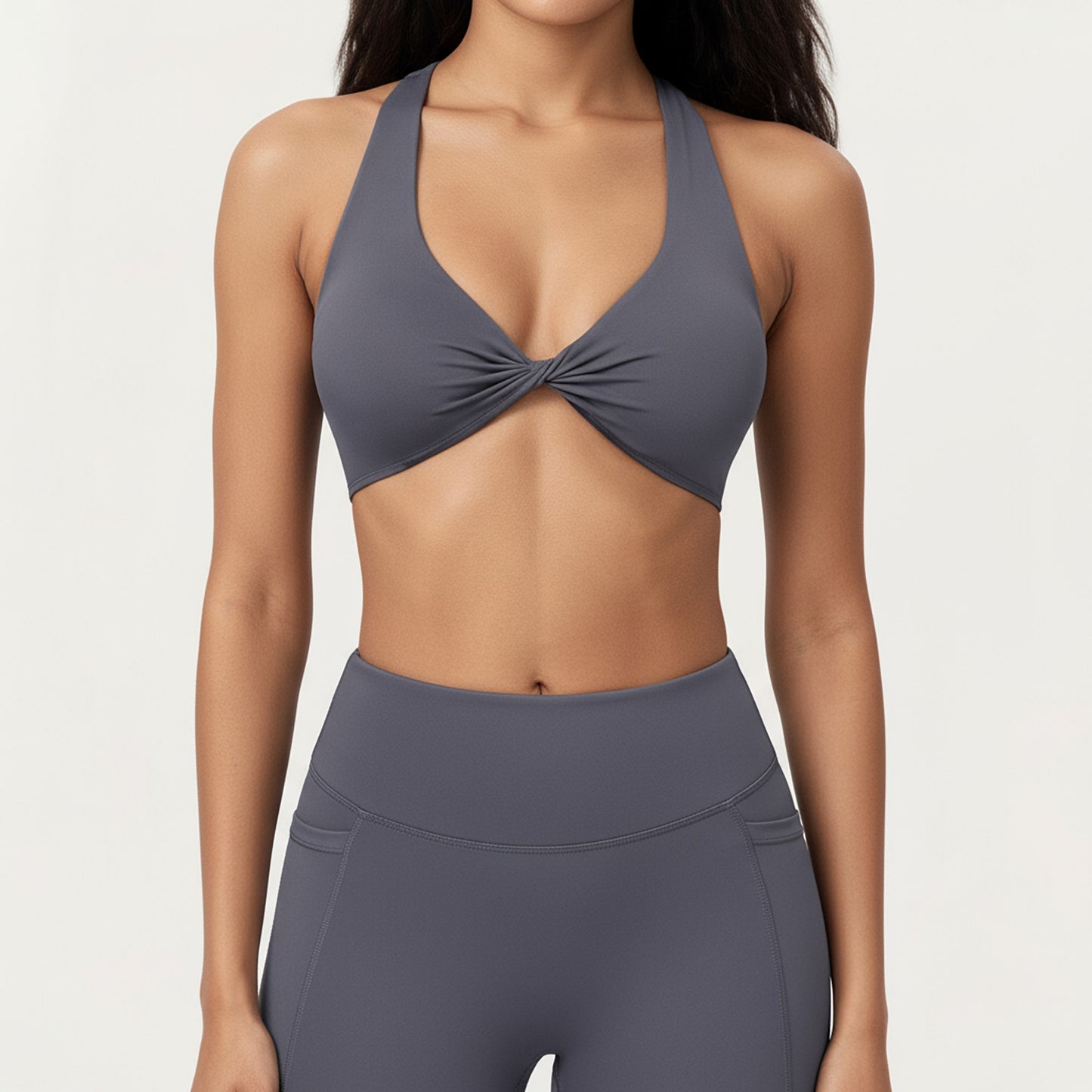 Twist Front Halter Sports Bra Top with Supportive Wide Straps