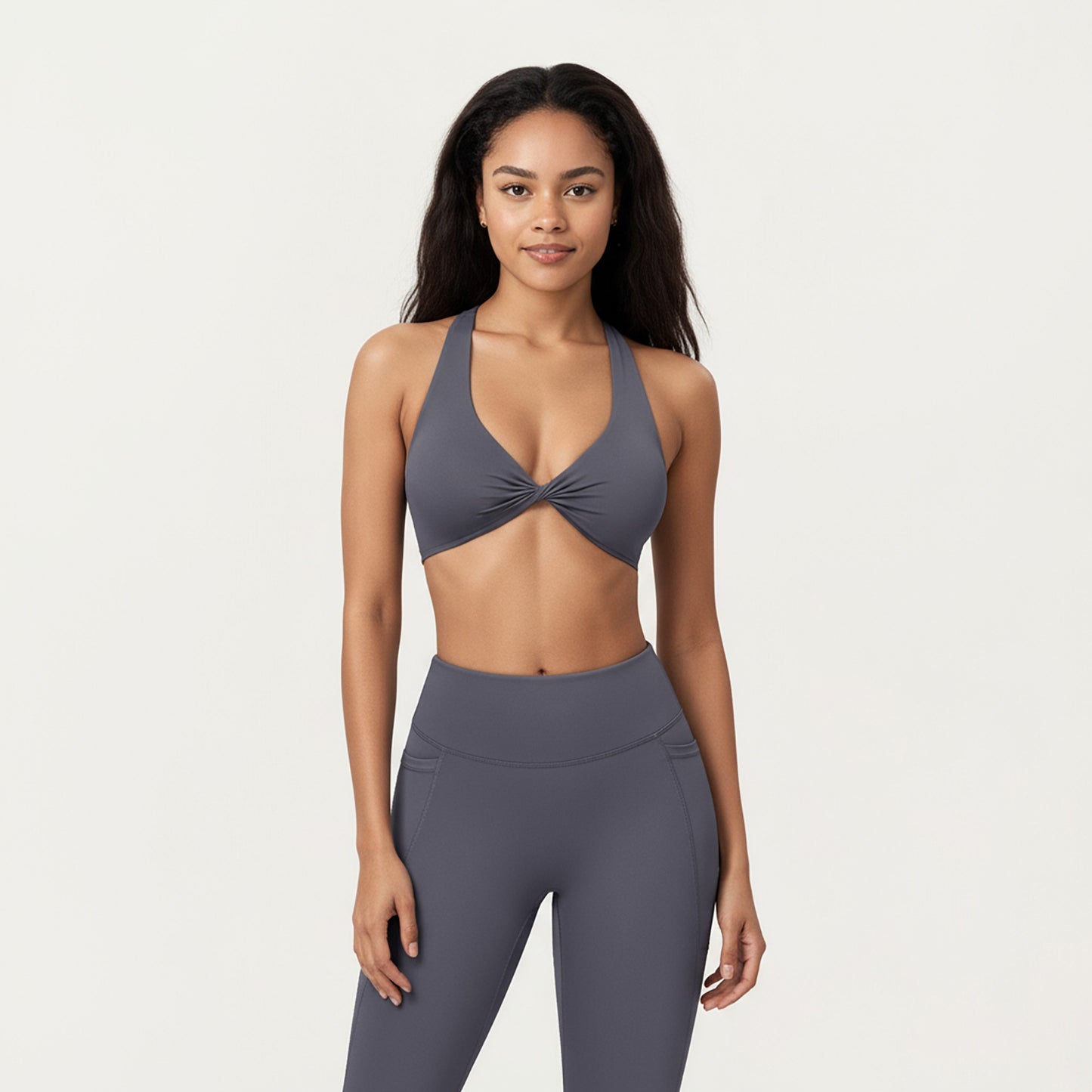 Twist Front Halter Sports Bra Top with Supportive Wide Straps