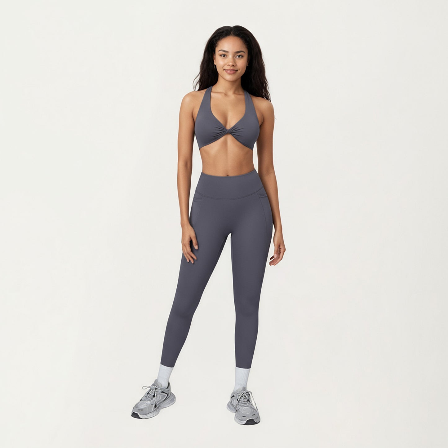 Twist Front Halter Sports Bra Top with Supportive Wide Straps
