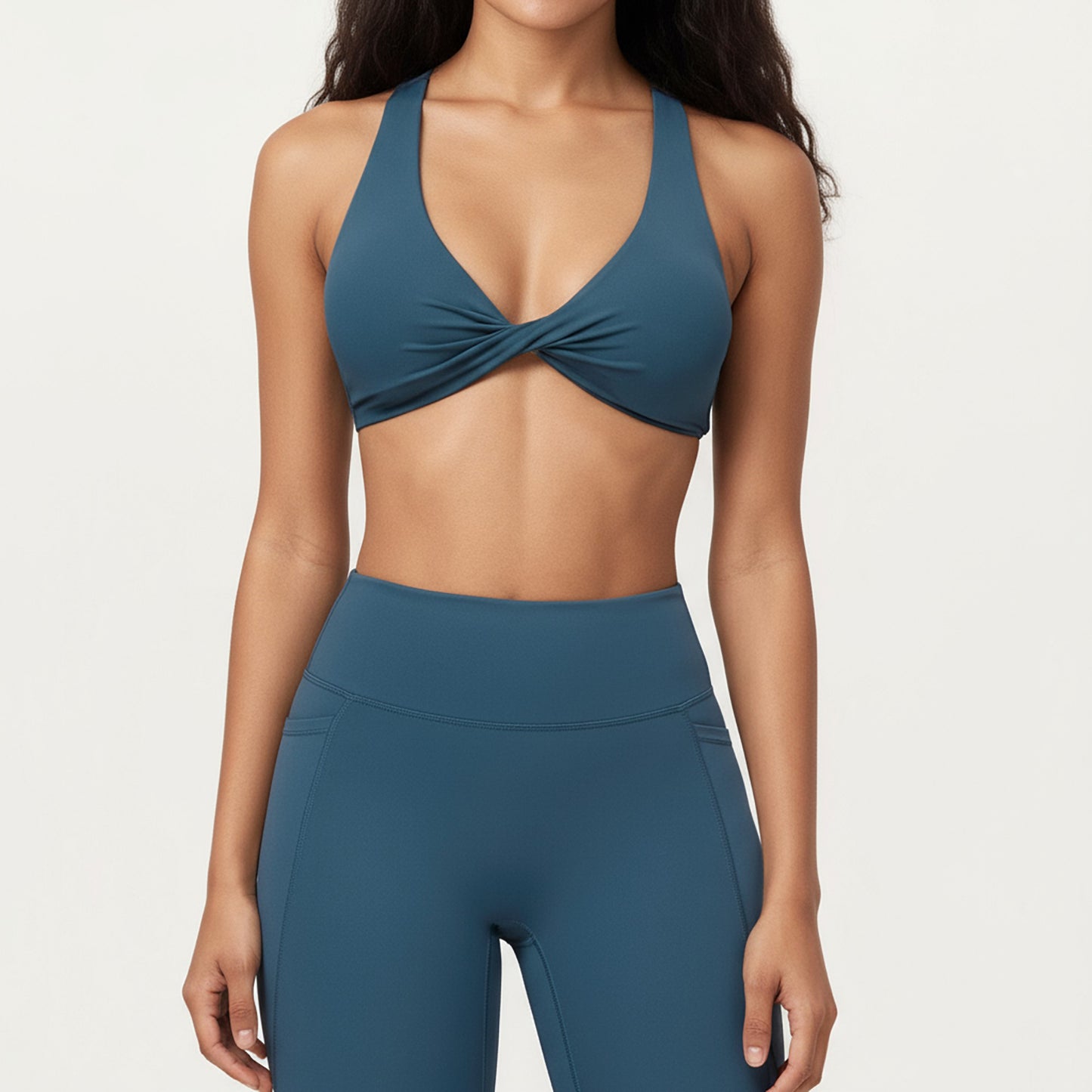 Twist Front Halter Sports Bra Top with Supportive Wide Straps