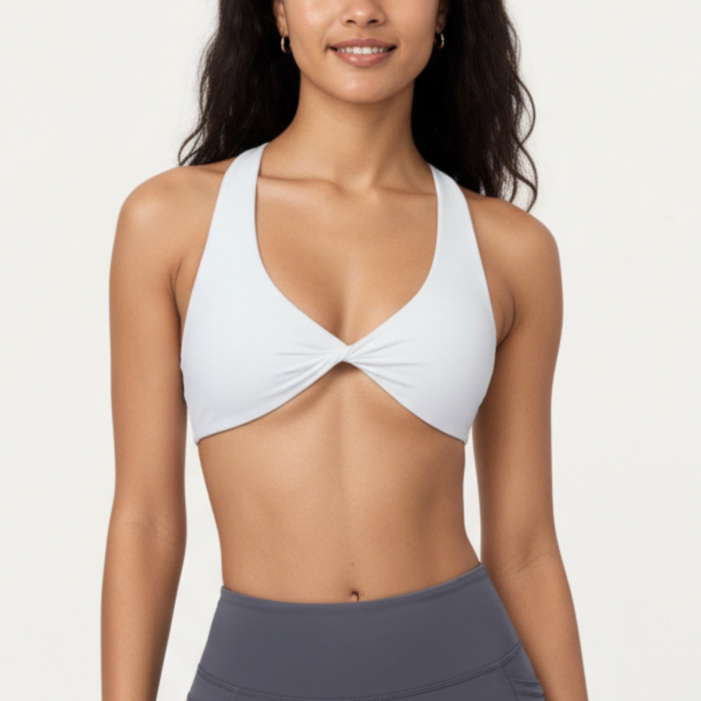 Twist Front Halter Sports Bra Top with Supportive Wide Straps