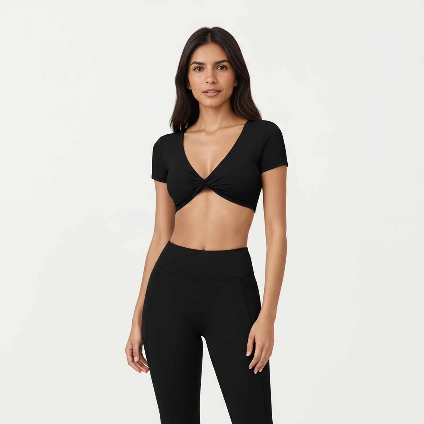 Short Sleeve Twist Front V-Neck Crop Active Top