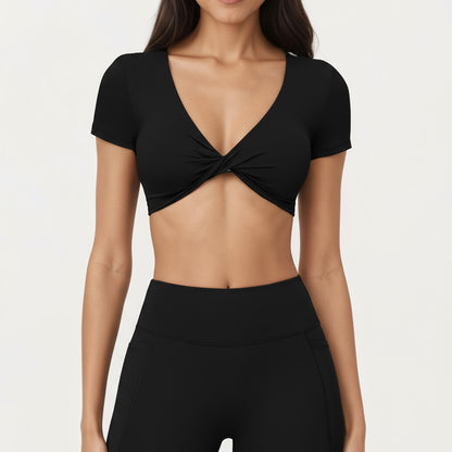 Short Sleeve Twist Front V-Neck Crop Active Top