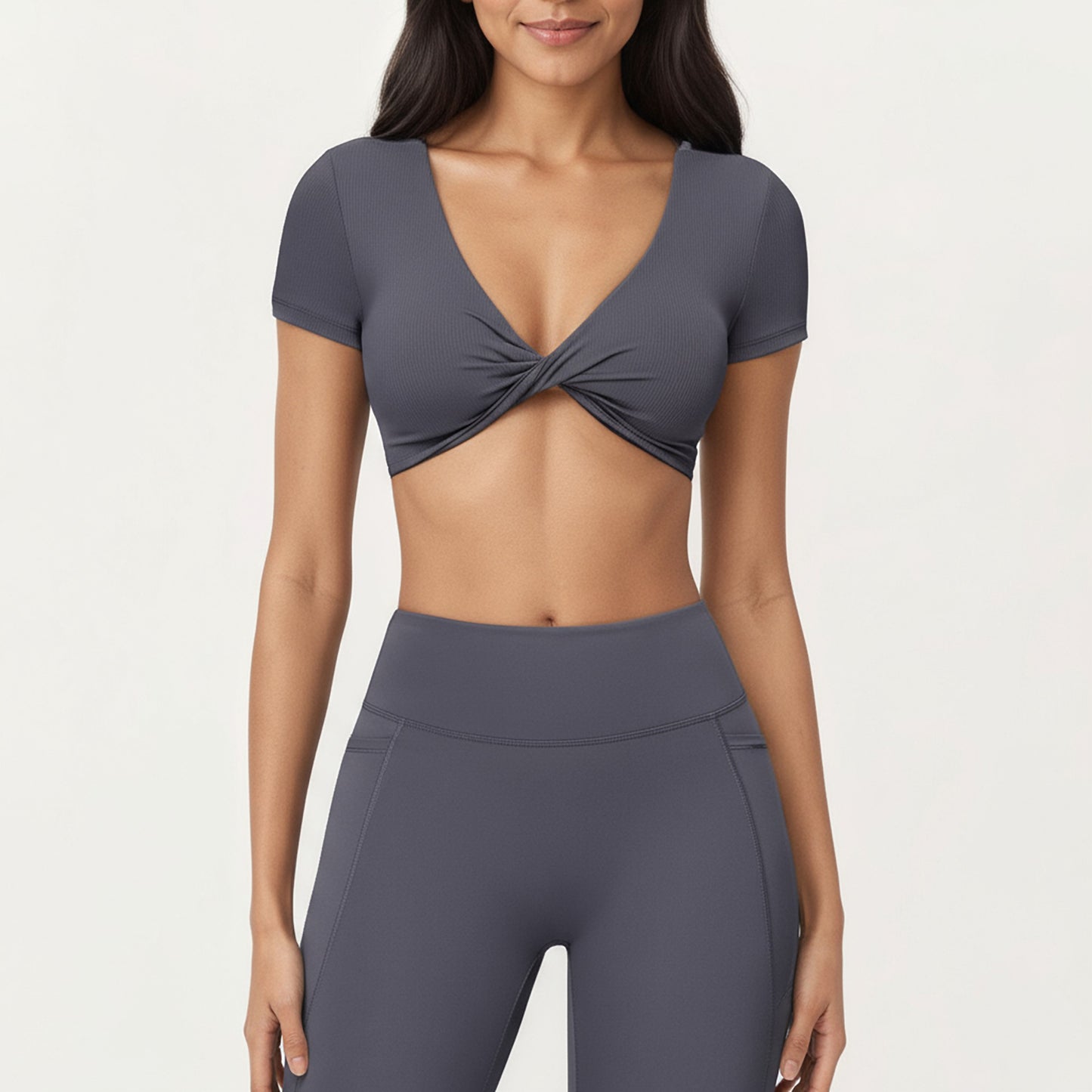 Short Sleeve Twist Front V-Neck Crop Active Top