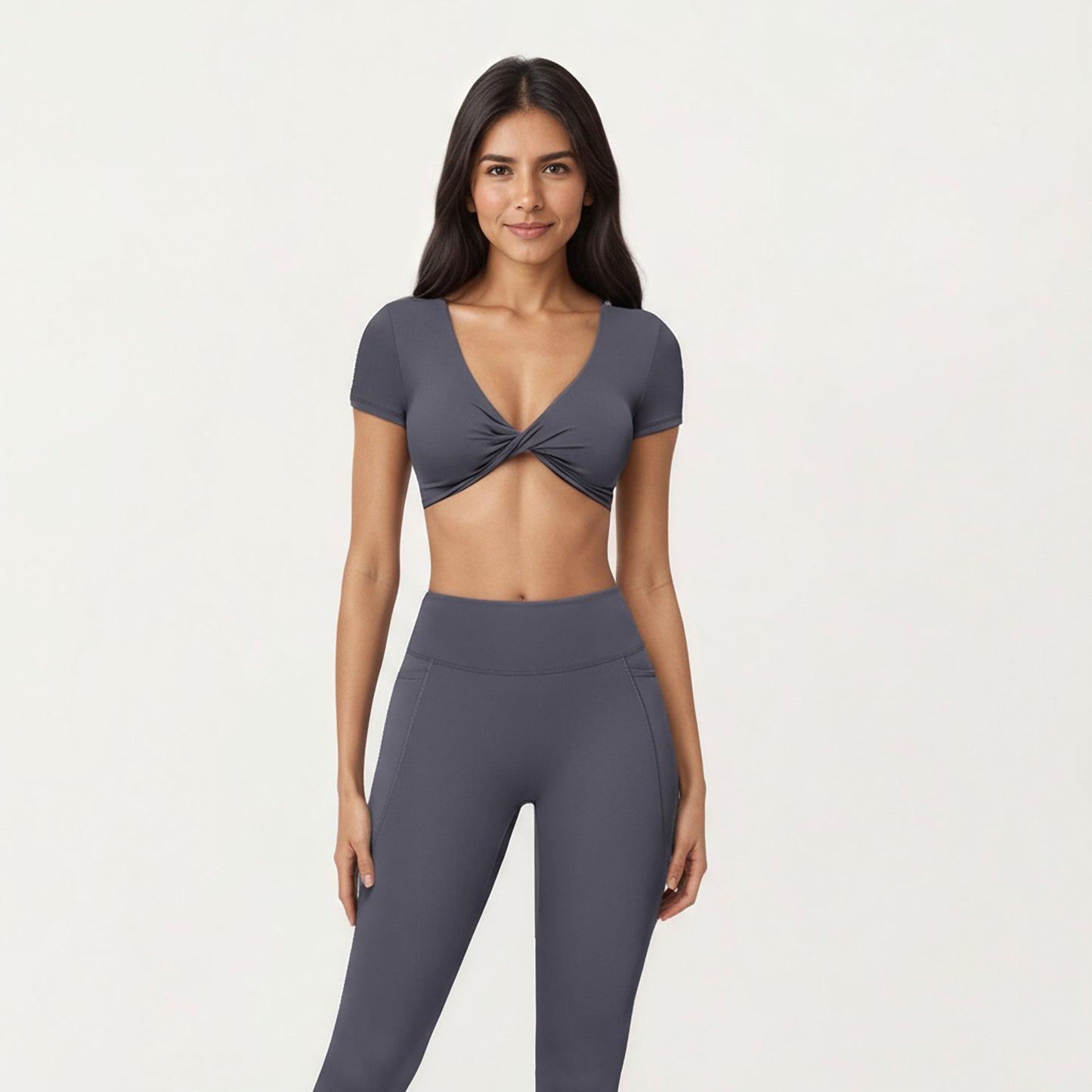 Short Sleeve Twist Front V-Neck Crop Active Top