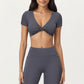 Short Sleeve Twist Front V-Neck Crop Active Top