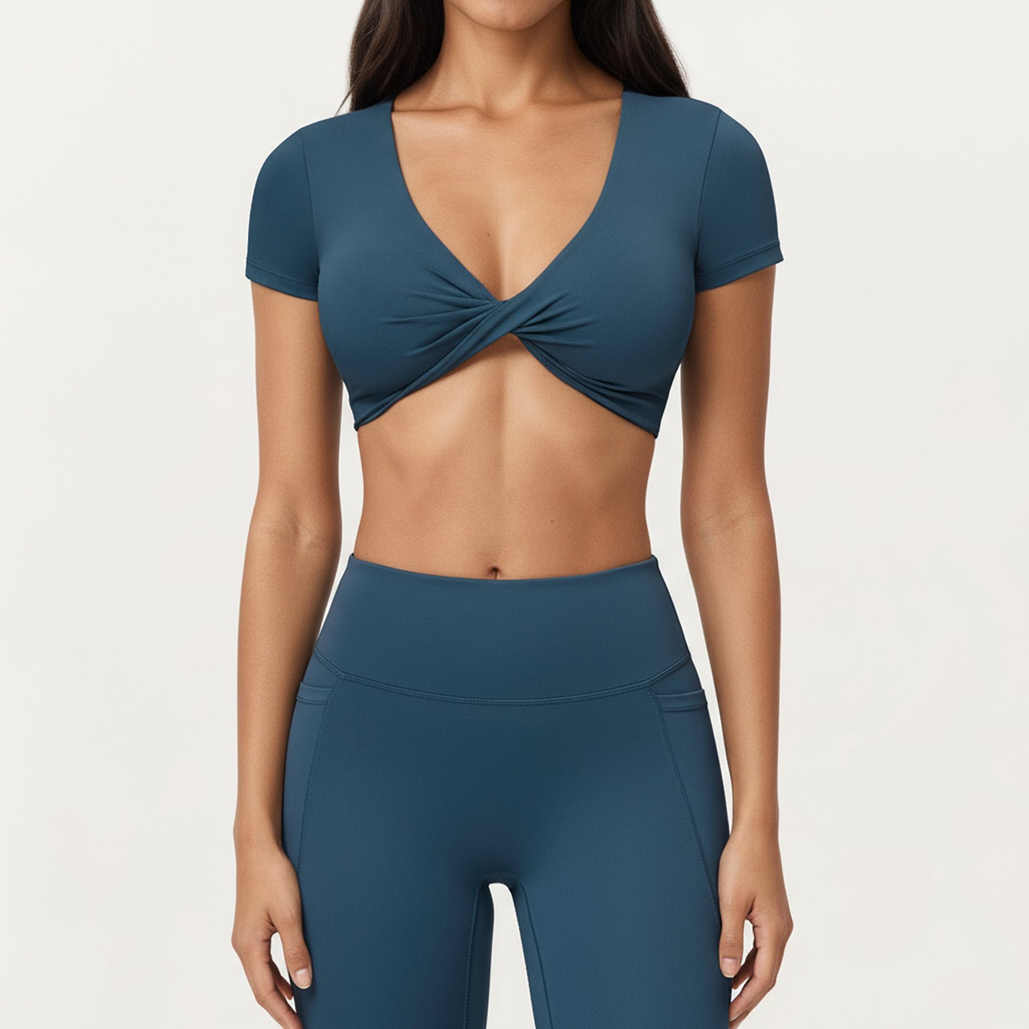 Short Sleeve Twist Front V-Neck Crop Active Top