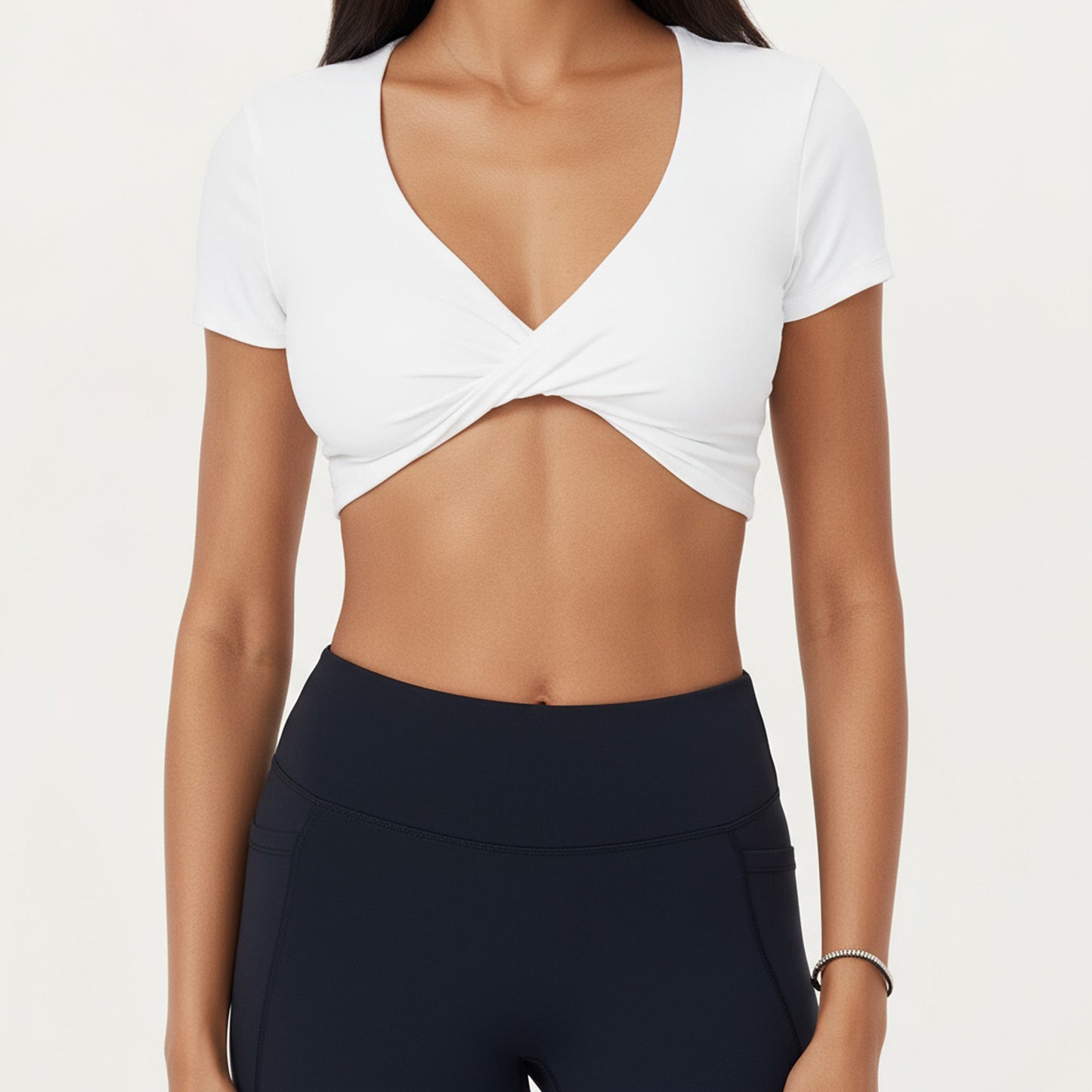 Short Sleeve Twist Front V-Neck Crop Active Top