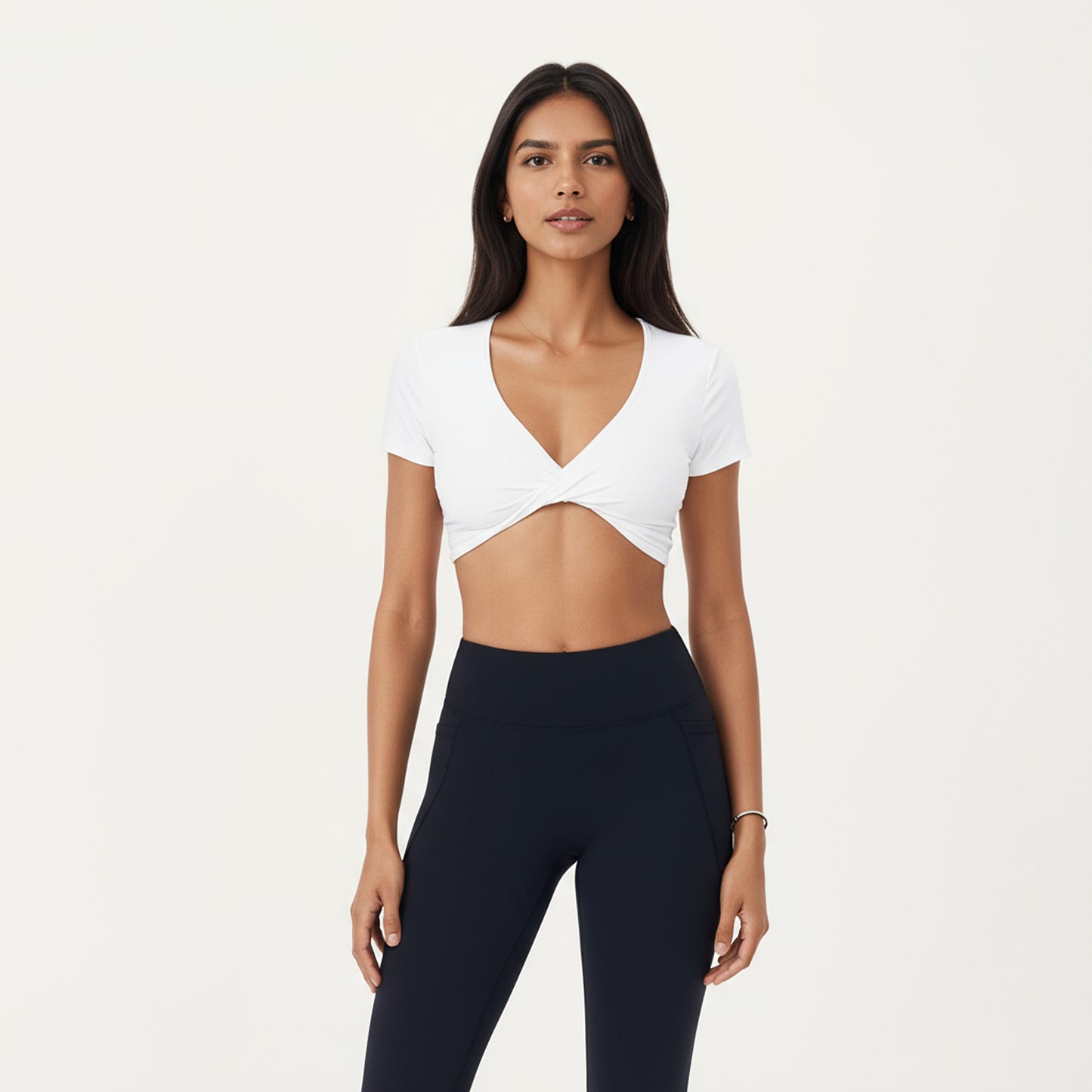 Short Sleeve Twist Front V-Neck Crop Active Top