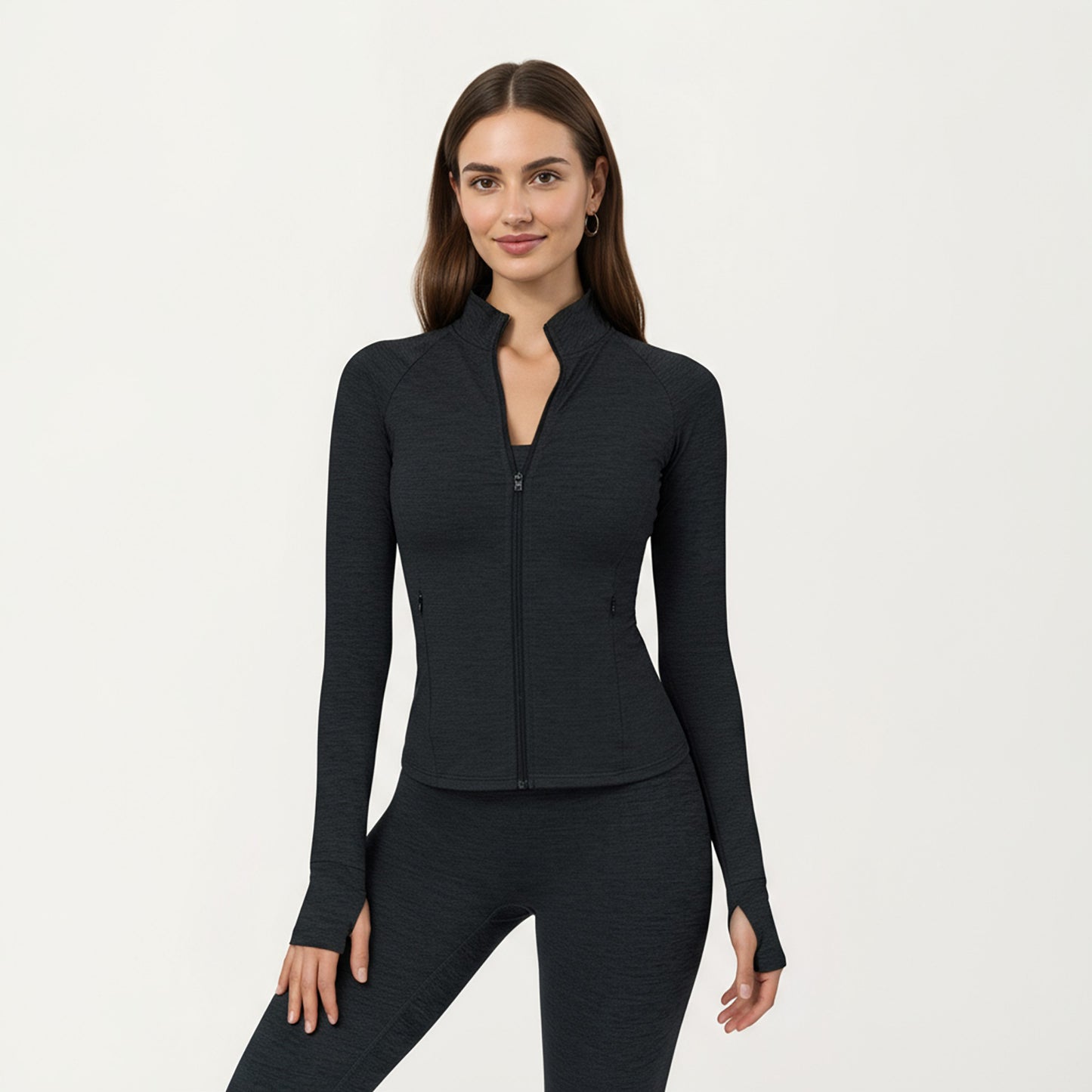 Long Sleeve Zip-Up Mock Neck Active Jacket with Thumbhole Cuffs