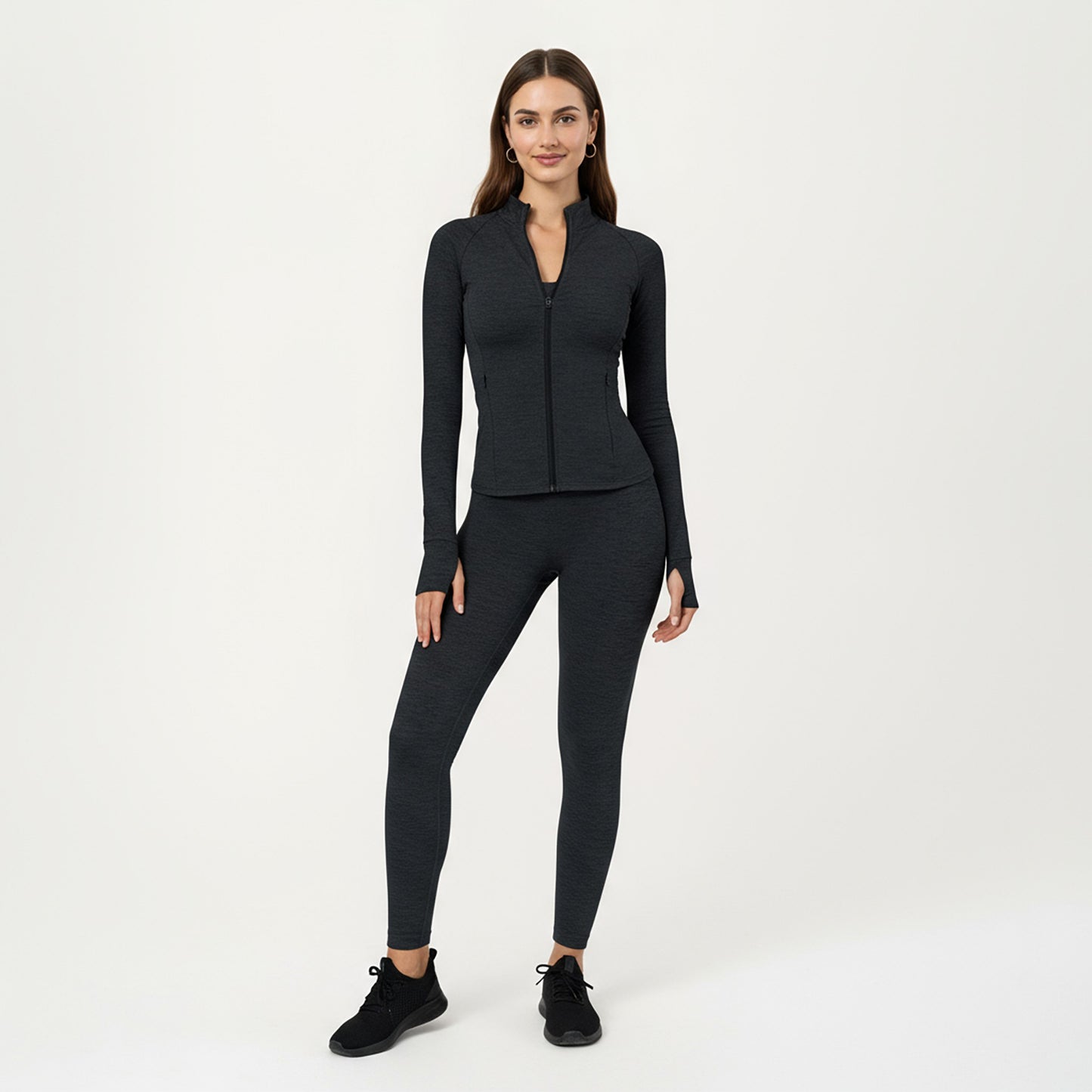 Long Sleeve Zip-Up Mock Neck Active Jacket with Thumbhole Cuffs