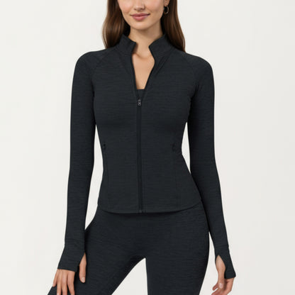 Long Sleeve Zip-Up Mock Neck Active Jacket with Thumbhole Cuffs