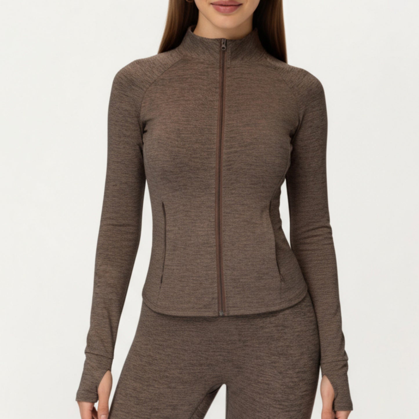 Long Sleeve Zip-Up Mock Neck Active Jacket with Thumbhole Cuffs