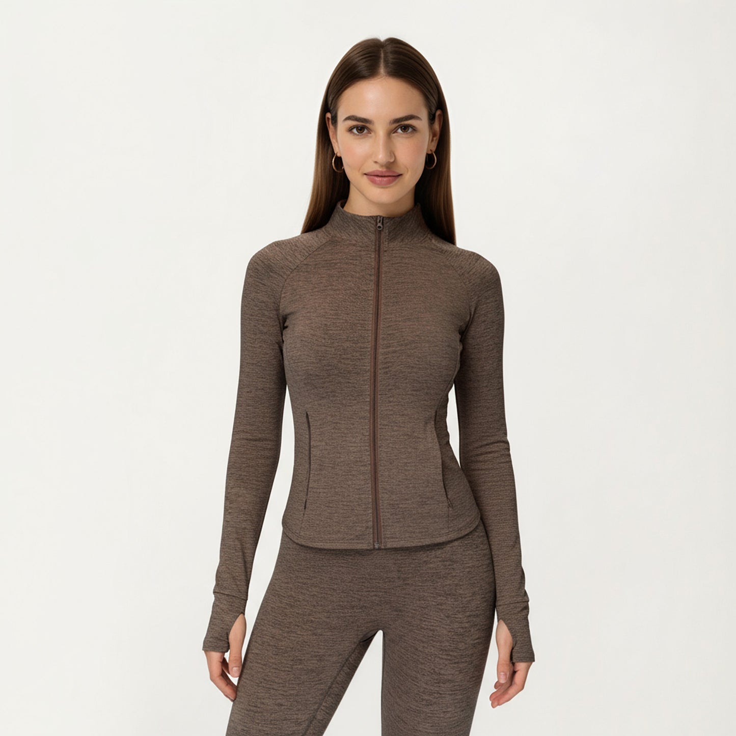Long Sleeve Zip-Up Mock Neck Active Jacket with Thumbhole Cuffs