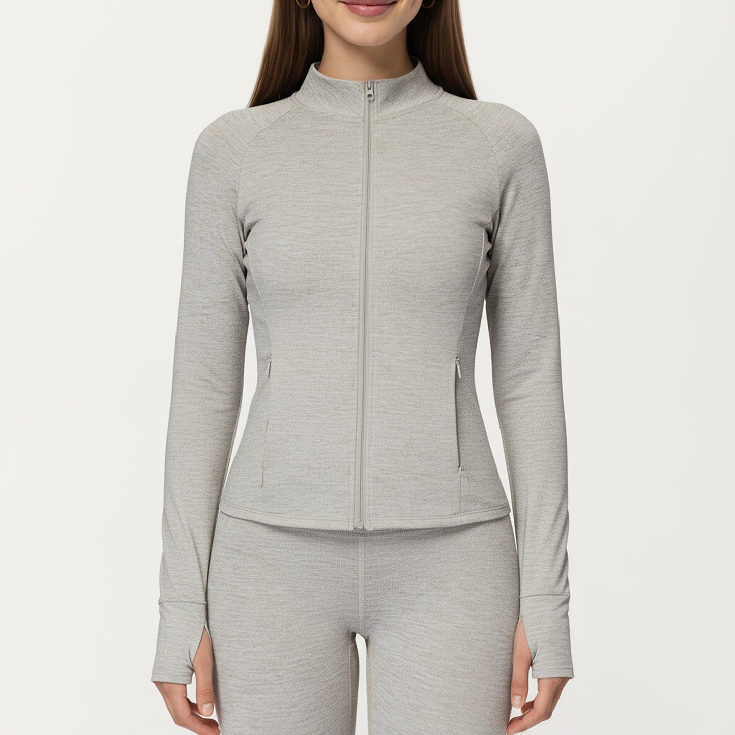 Long Sleeve Zip-Up Mock Neck Active Jacket with Thumbhole Cuffs