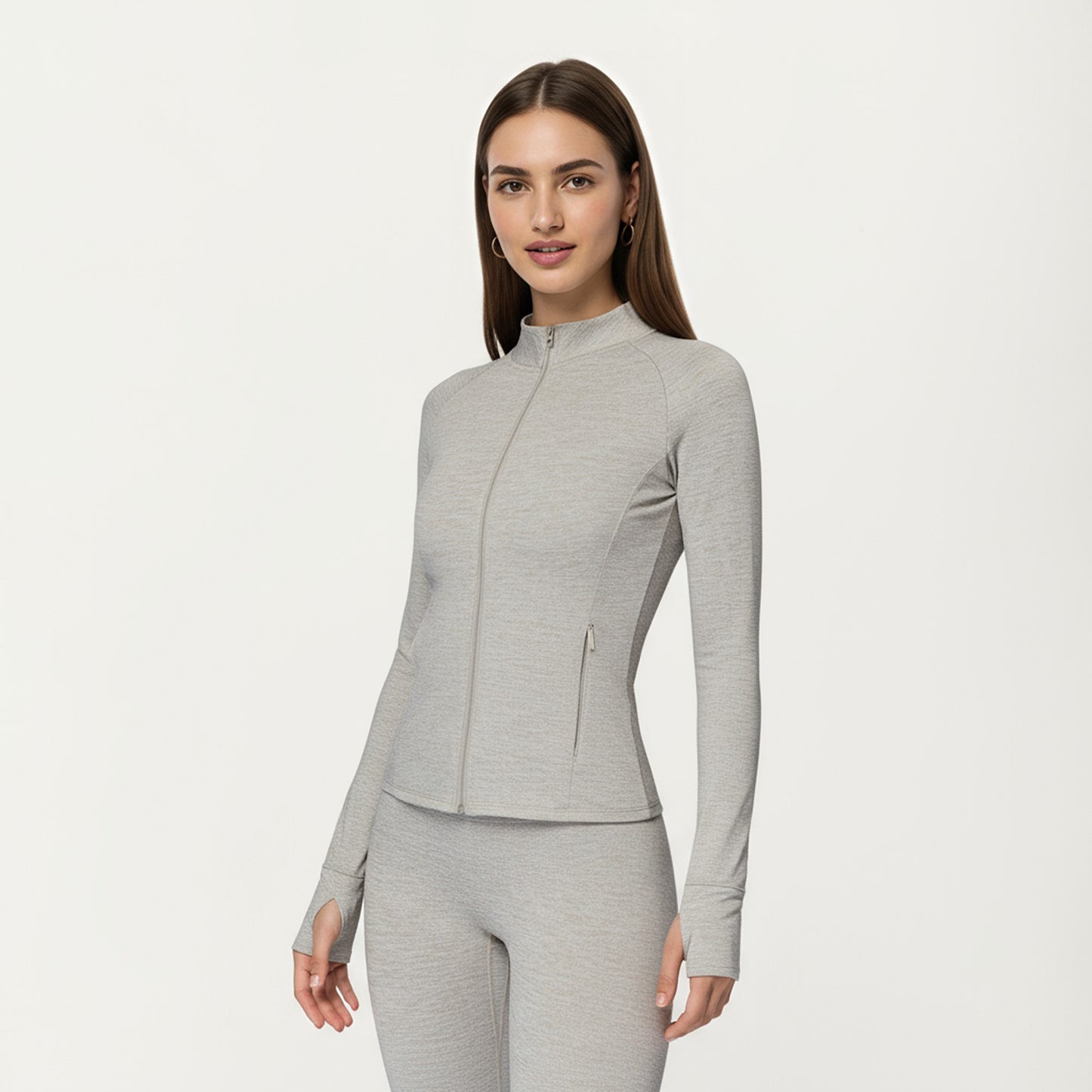 Long Sleeve Zip-Up Mock Neck Active Jacket with Thumbhole Cuffs