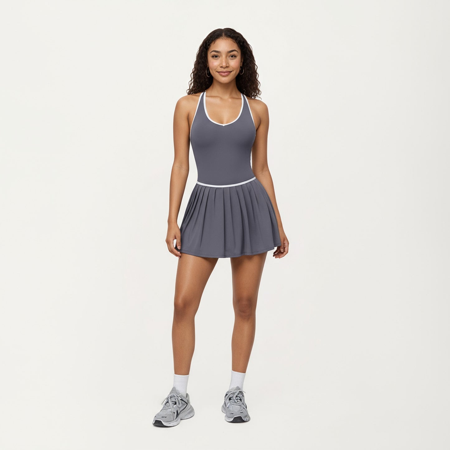 Pleated Tennis Dress with Contrast Trim and Built-In Shorts