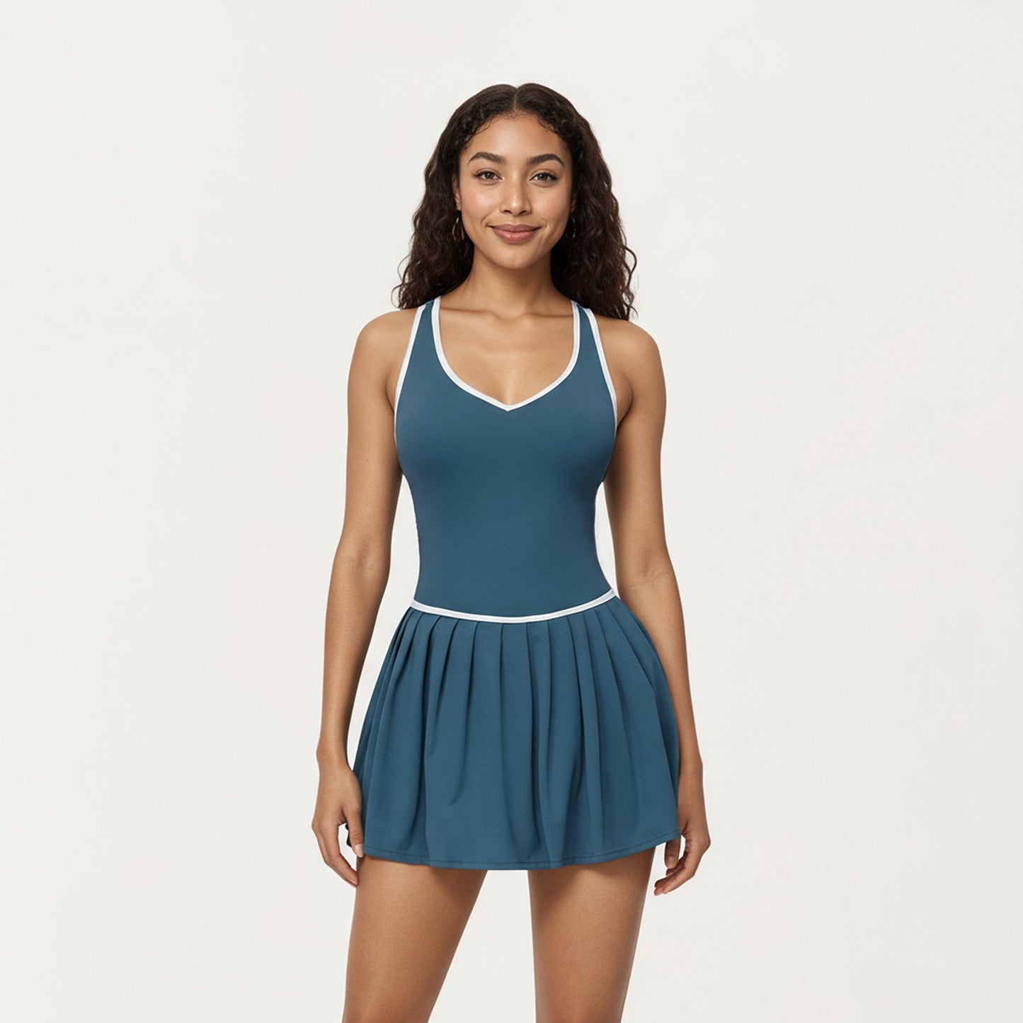 Pleated Tennis Dress with Contrast Trim and Built-In Shorts