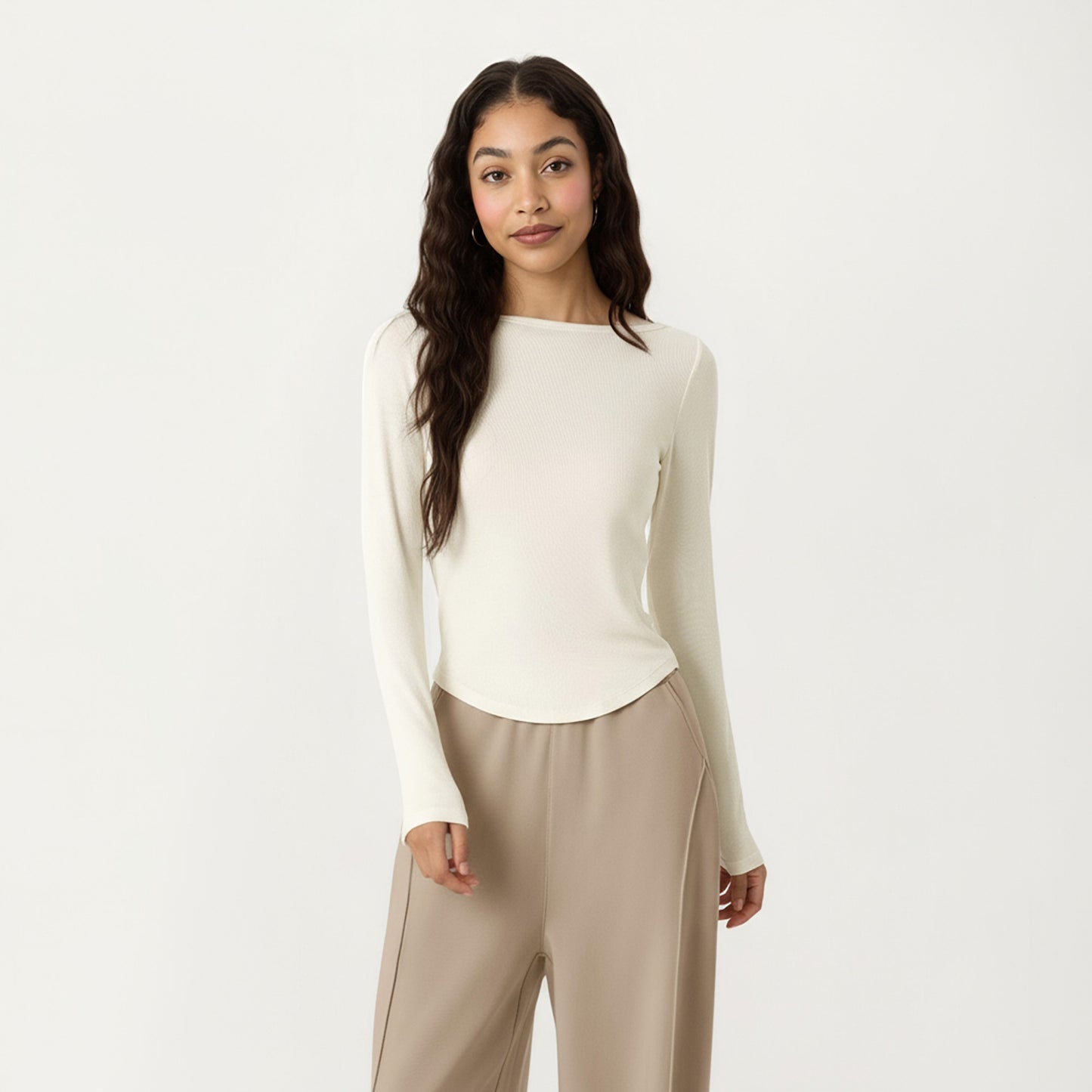 Long Sleeve Rib Knit Top with Boat Neckline and Slim Fit Silhouette