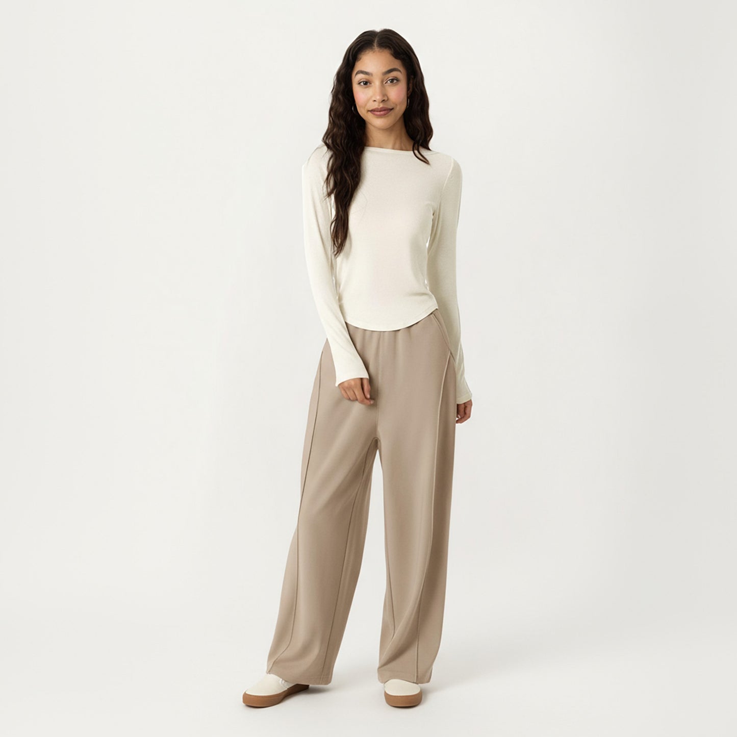 Long Sleeve Rib Knit Top with Boat Neckline and Slim Fit Silhouette