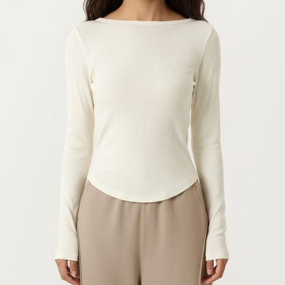 Long Sleeve Rib Knit Top with Boat Neckline and Slim Fit Silhouette