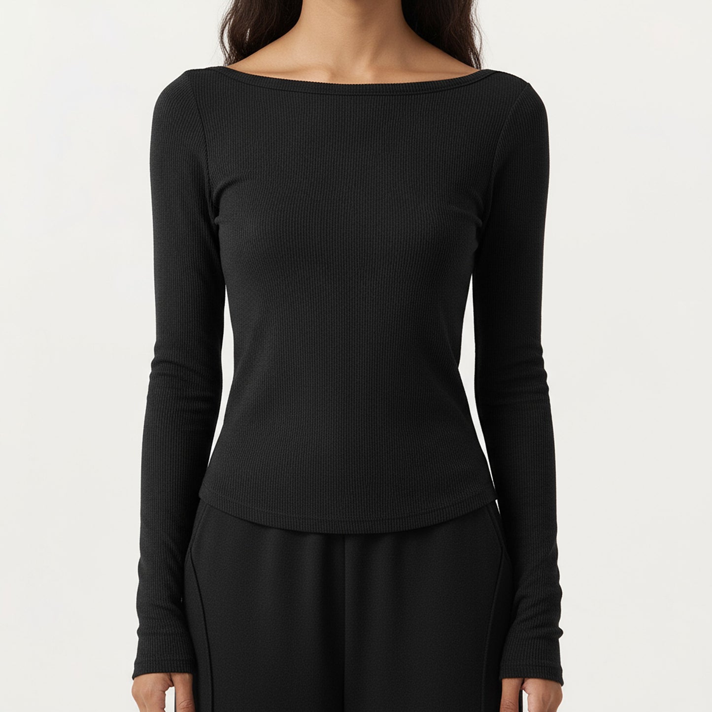Long Sleeve Rib Knit Top with Boat Neckline and Slim Fit Silhouette