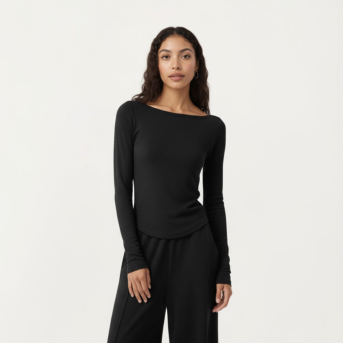 Long Sleeve Rib Knit Top with Boat Neckline and Slim Fit Silhouette