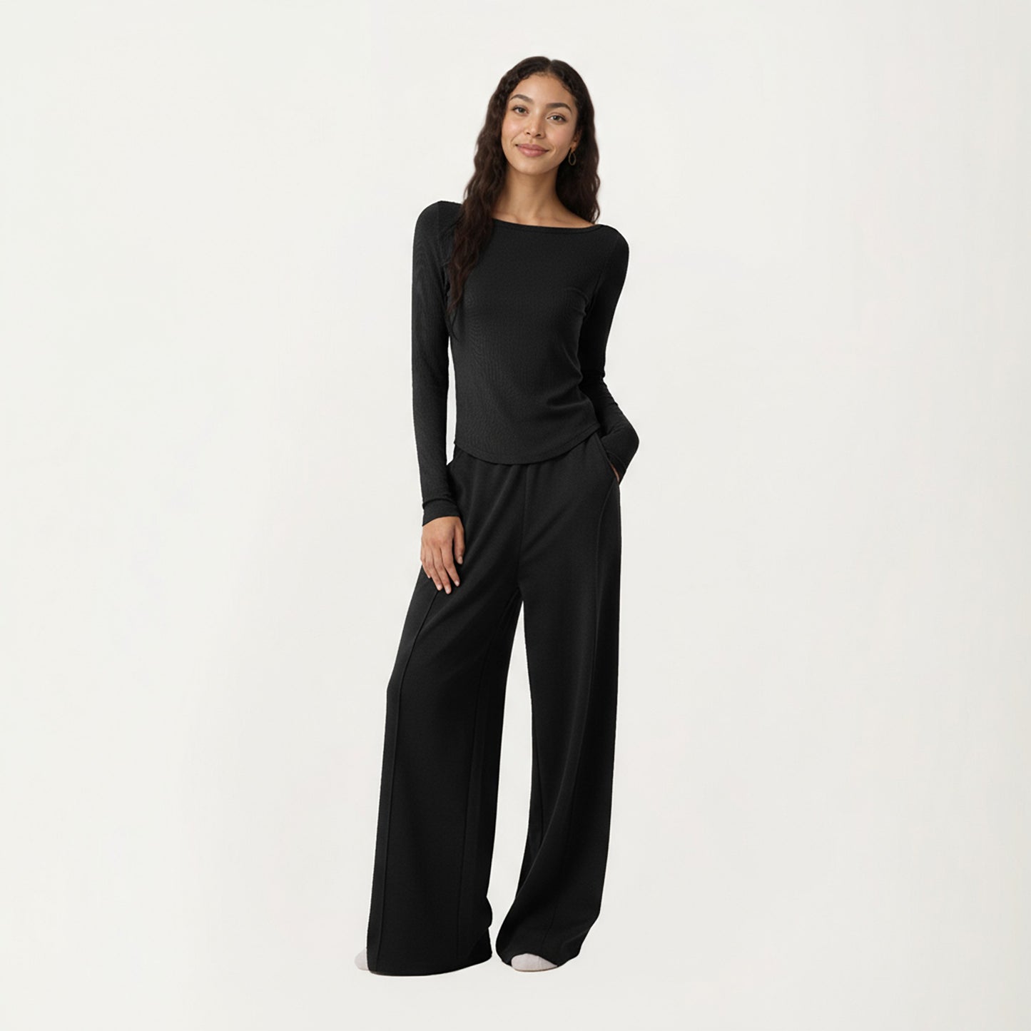 Long Sleeve Rib Knit Top with Boat Neckline and Slim Fit Silhouette
