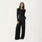 Long Sleeve Rib Knit Top with Boat Neckline and Slim Fit Silhouette