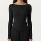 Long Sleeve Rib Knit Top with Boat Neckline and Slim Fit Silhouette