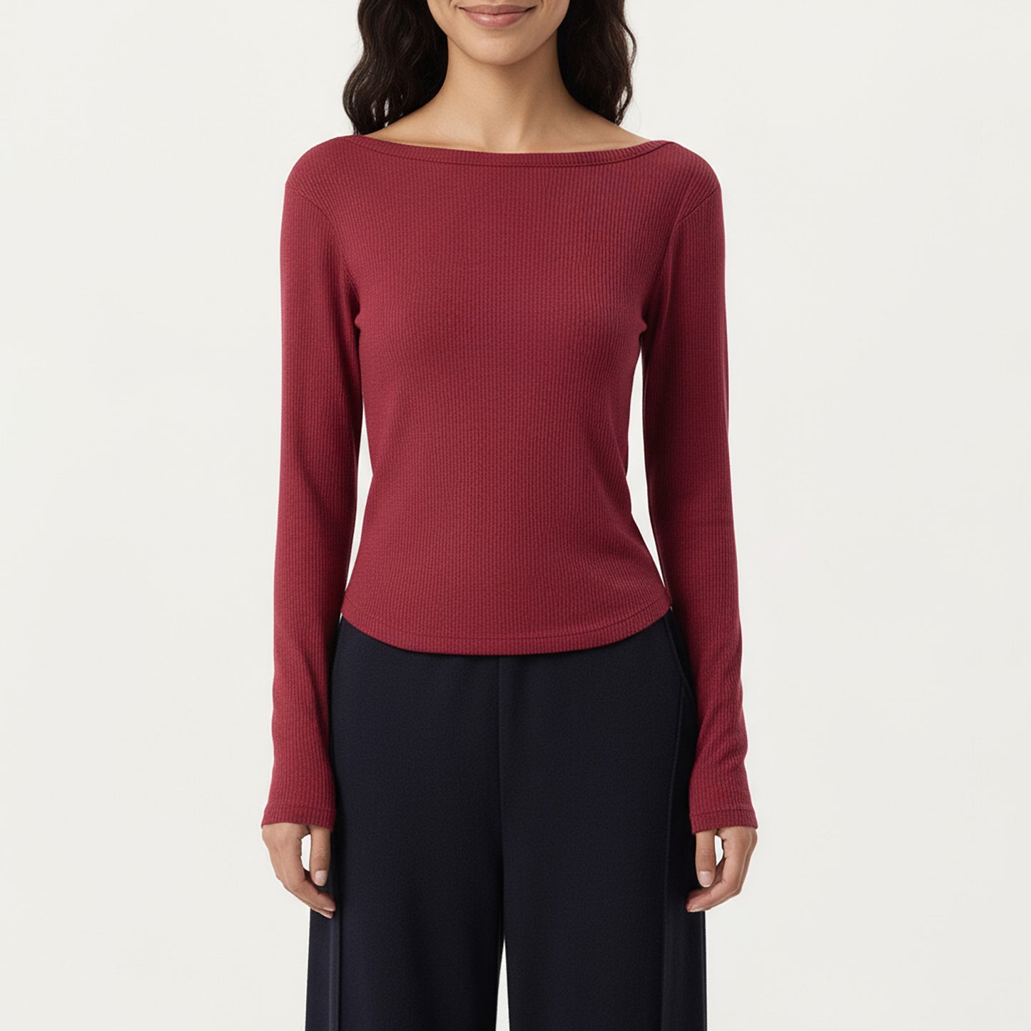 Long Sleeve Rib Knit Top with Boat Neckline and Slim Fit Silhouette