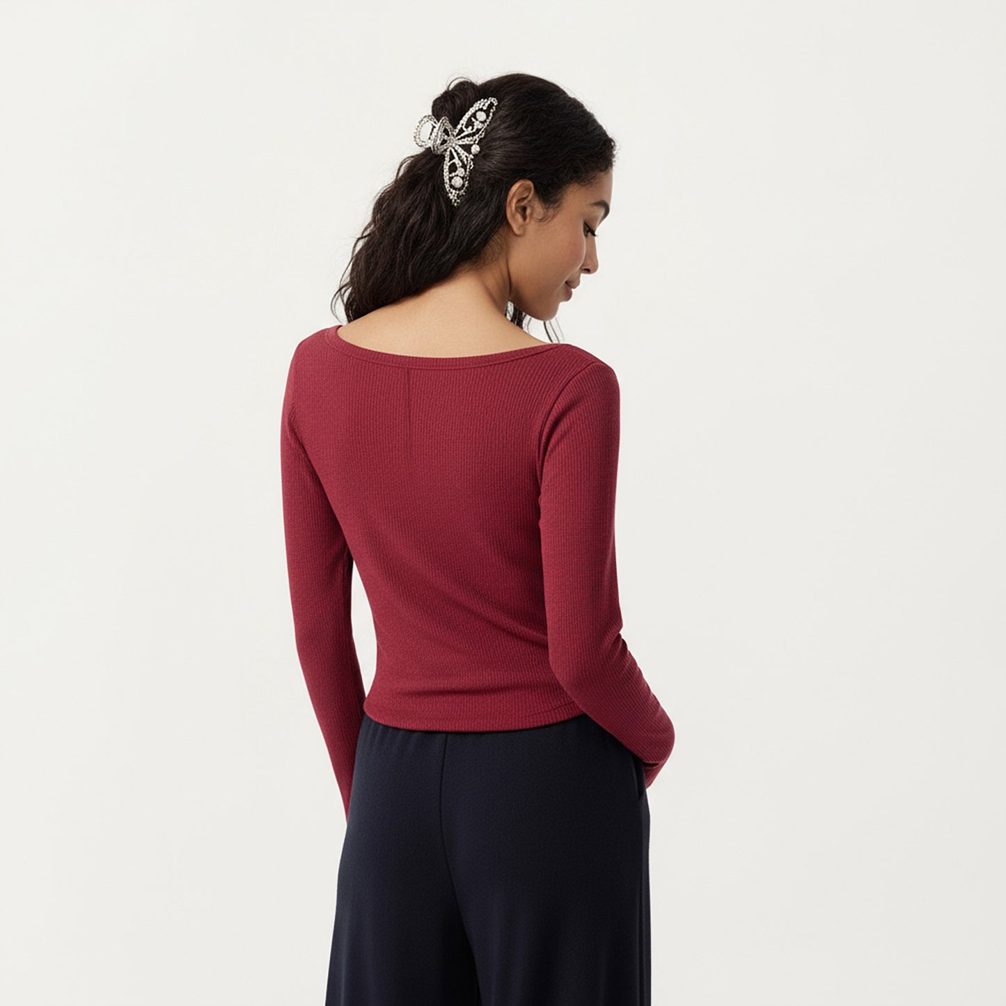 Long Sleeve Rib Knit Top with Boat Neckline and Slim Fit Silhouette