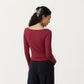 Long Sleeve Rib Knit Top with Boat Neckline and Slim Fit Silhouette