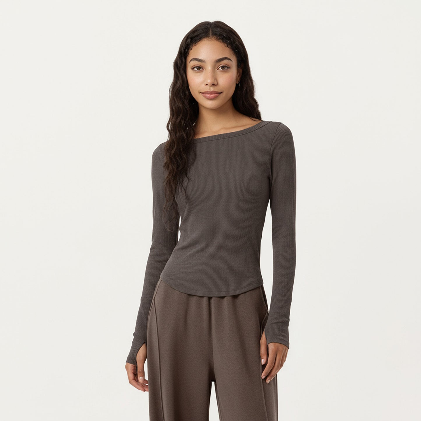 Long Sleeve Rib Knit Top with Boat Neckline and Slim Fit Silhouette