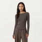 Long Sleeve Rib Knit Top with Boat Neckline and Slim Fit Silhouette