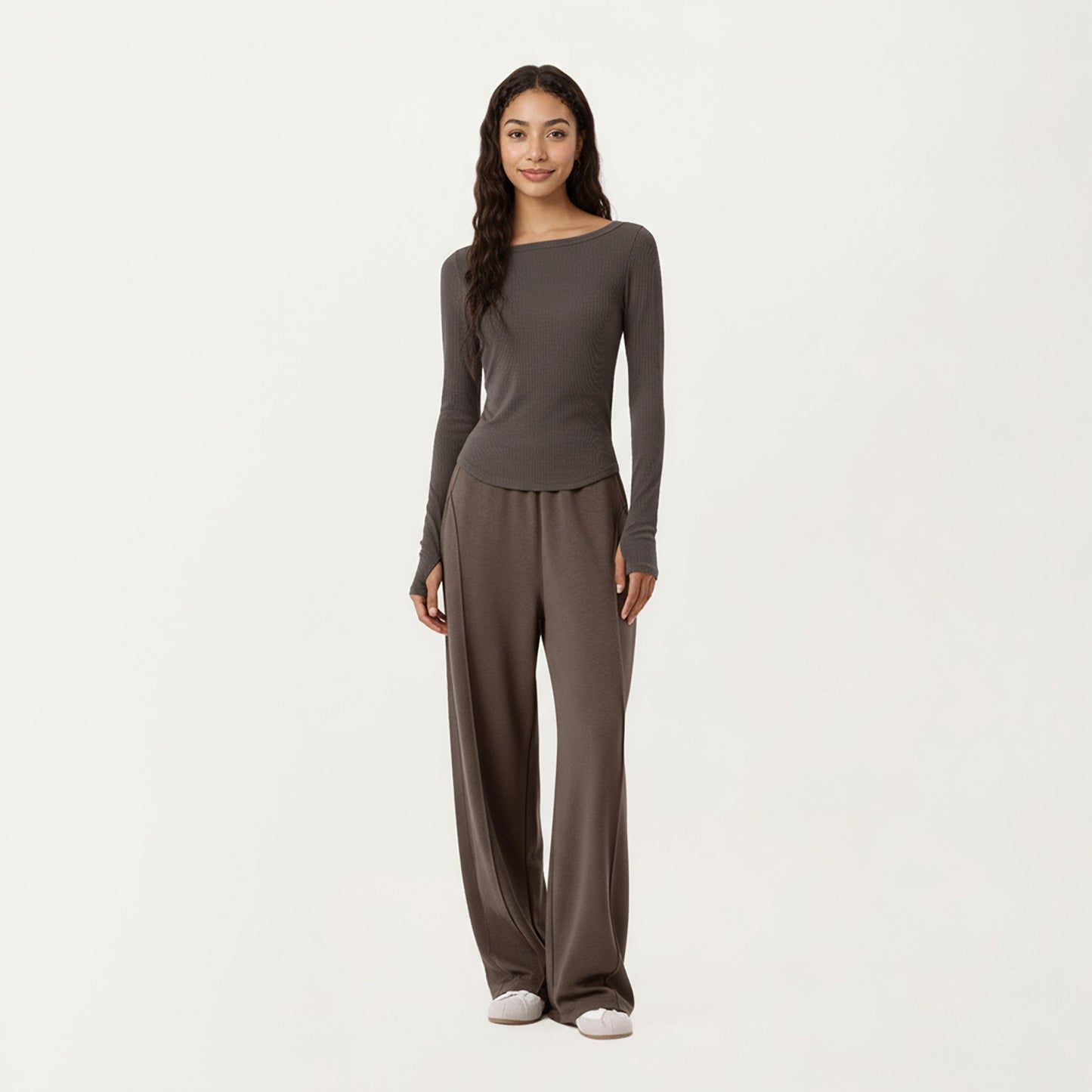 Long Sleeve Rib Knit Top with Boat Neckline and Slim Fit Silhouette