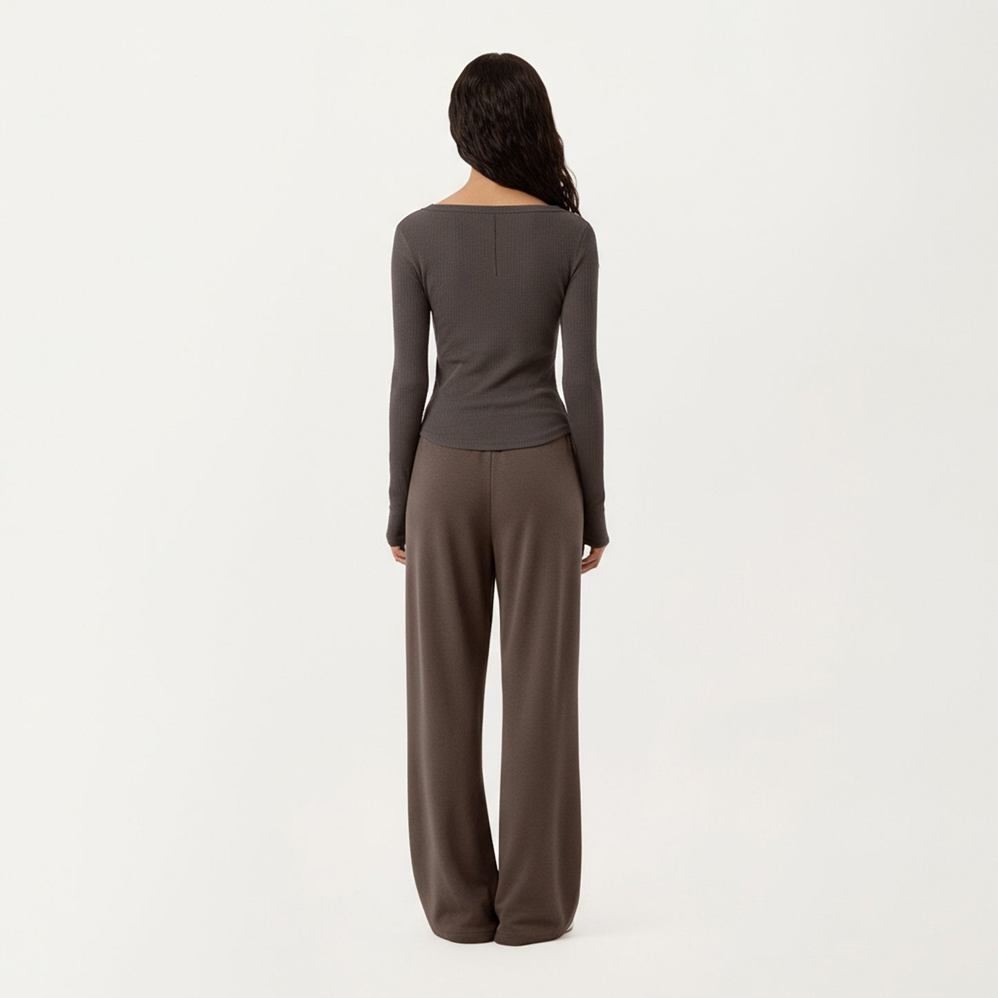 Long Sleeve Rib Knit Top with Boat Neckline and Slim Fit Silhouette