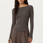 Long Sleeve Rib Knit Top with Boat Neckline and Slim Fit Silhouette