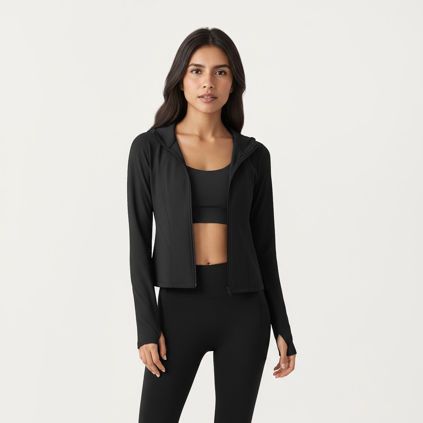 Long Sleeve Zip Up Hoodie Jacket with Contoured Fit and Thumbhole Cuffs