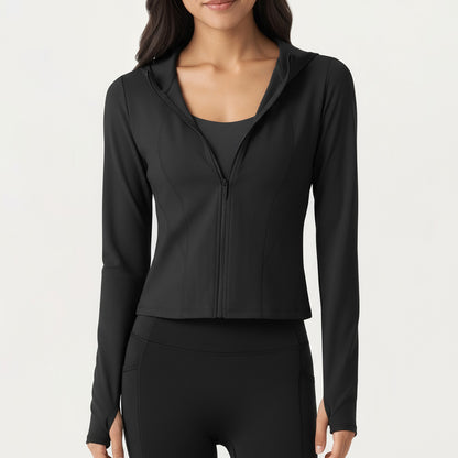 Long Sleeve Zip Up Hoodie Jacket with Contoured Fit and Thumbhole Cuffs