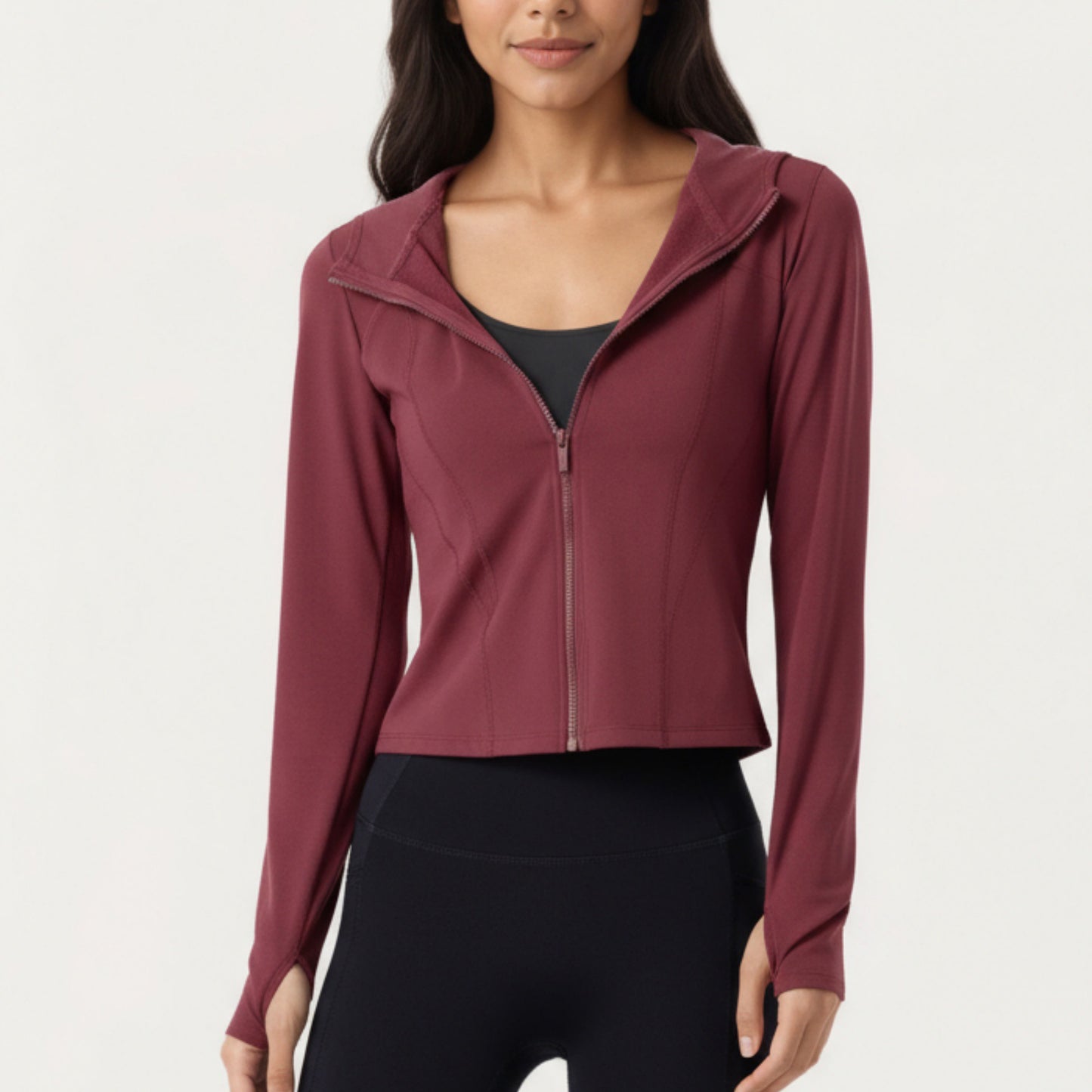 Long Sleeve Zip Up Hoodie Jacket with Contoured Fit and Thumbhole Cuffs