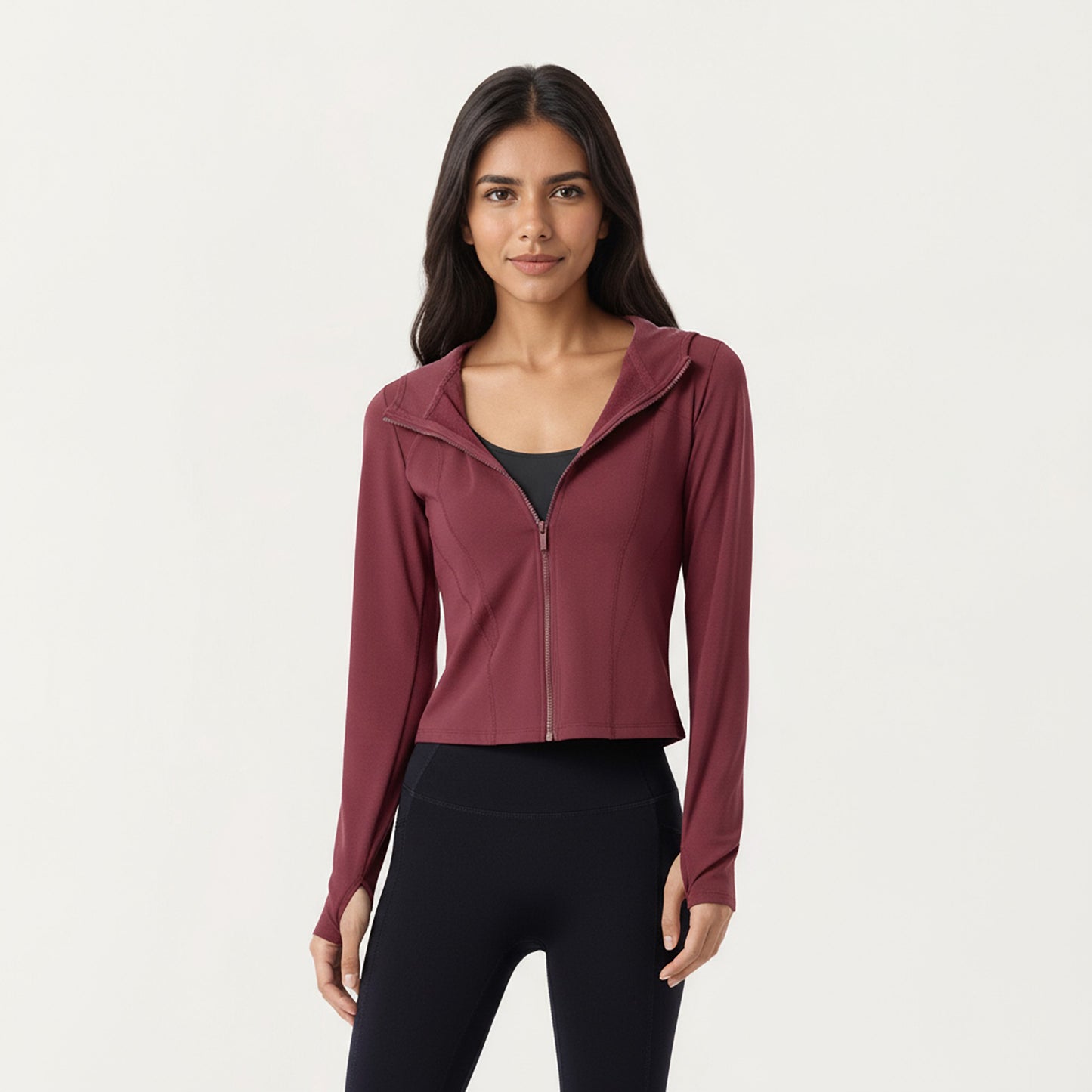 Long Sleeve Zip Up Hoodie Jacket with Contoured Fit and Thumbhole Cuffs