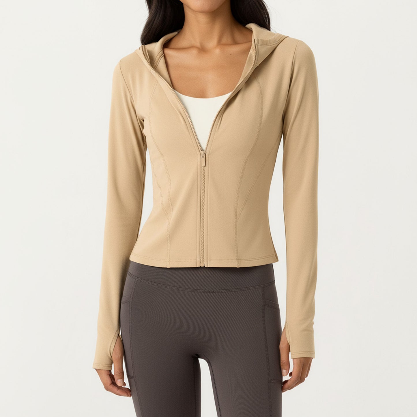 Long Sleeve Zip Up Hoodie Jacket with Contoured Fit and Thumbhole Cuffs